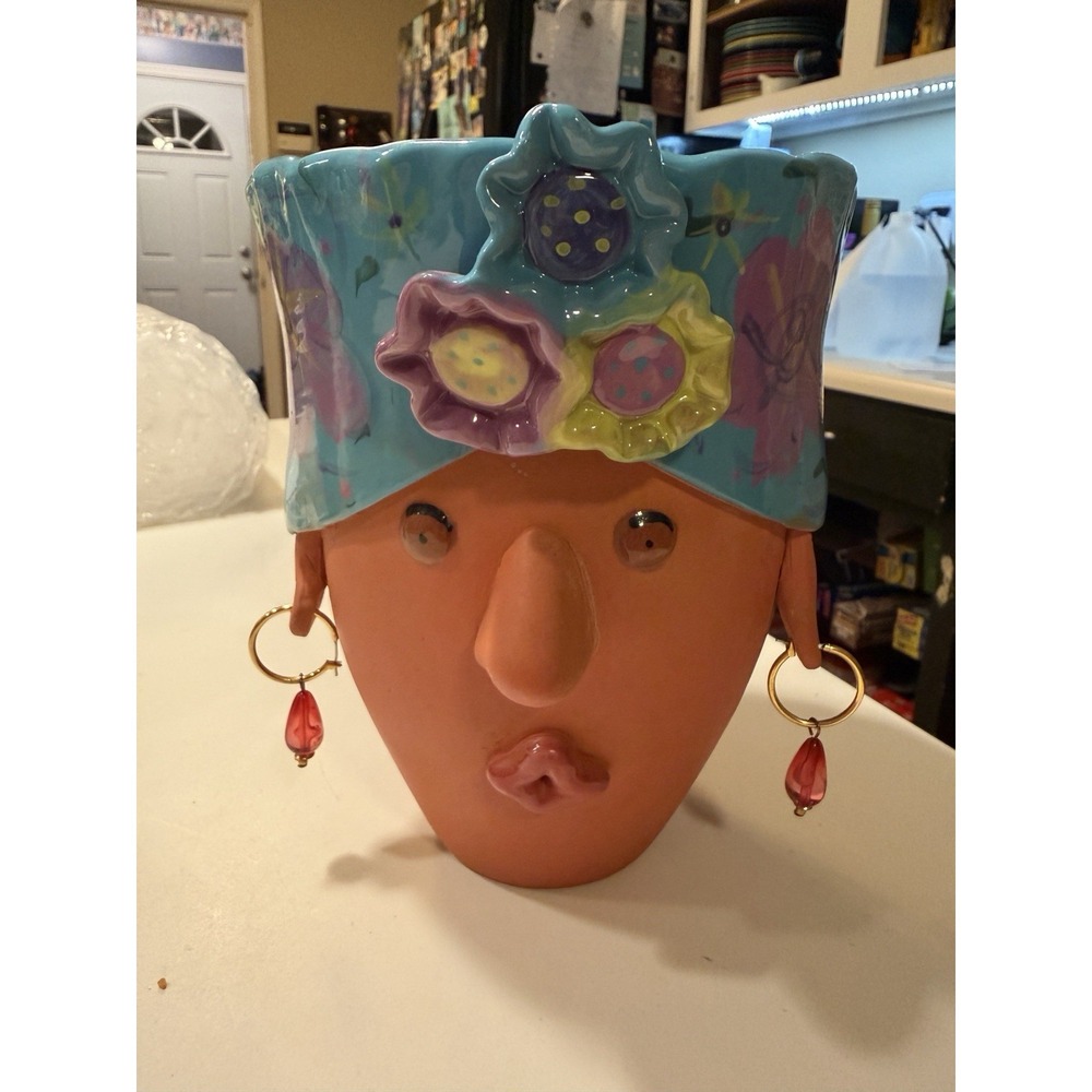 Vintage Bird Brain Inc. 2004 Terra Cotta Lady Turban Planter pot head Blue/Purpl